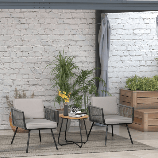 Outsunny Conjunto de Móveis de Jardim de Vime 3 Peças Conjunto de Móveis de Varanda Incluí 1 Mesa de Centro e 2 Poltronas com Almofadas Acolchoadas Cinza
