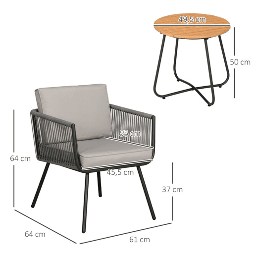 Outsunny Conjunto de Móveis de Jardim de Vime 3 Peças Conjunto de Móveis de Varanda Incluí 1 Mesa de Centro e 2 Poltronas com Almofadas Acolchoadas Cinza