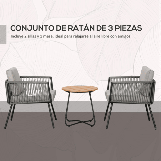 Outsunny Conjunto de Móveis de Jardim de Vime 3 Peças Conjunto de Móveis de Varanda Incluí 1 Mesa de Centro e 2 Poltronas com Almofadas Acolchoadas Cinza