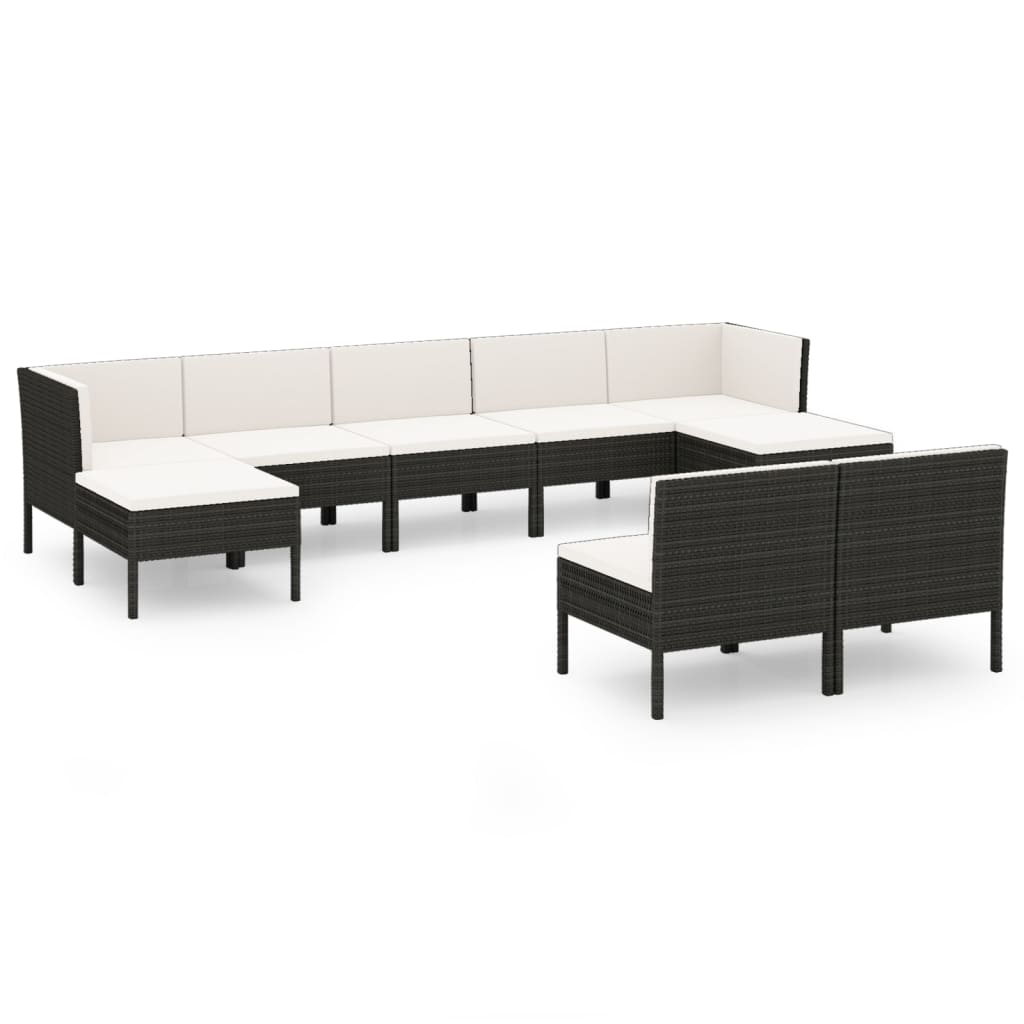 Set muebles de jardín 9 pzas y cojines ratán sintético negro