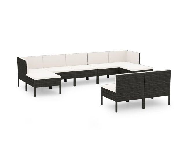 Set muebles de jardín 9 pzas y cojines ratán sintético negro