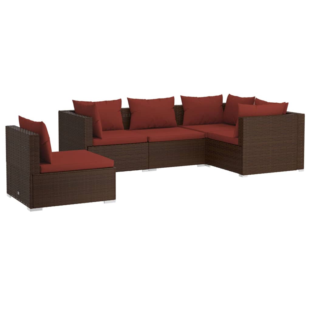 Set muebles de jardín 5 piezas y cojines ratán sintético marrón