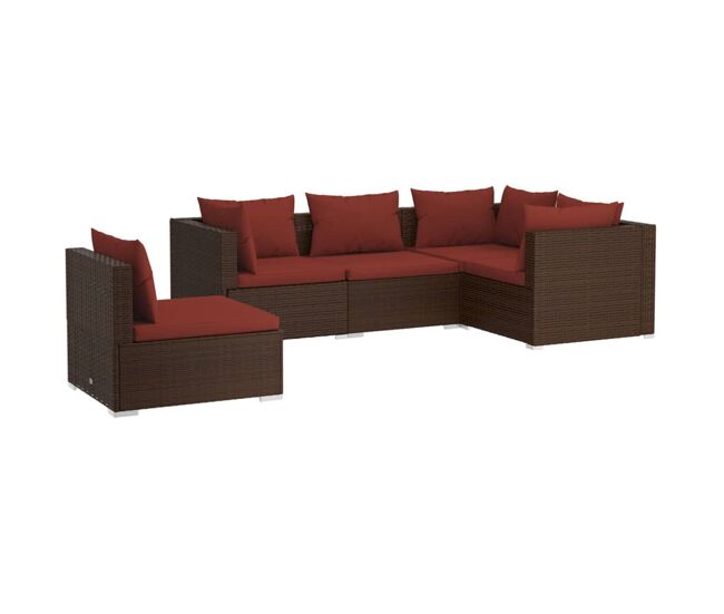 Set muebles de jardín 5 piezas y cojines ratán sintético marrón