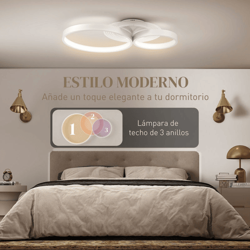 HOMCOM Candeeiro de Teto LED 40W Candeeiro Moderno com Iluminação LED 3000K4000K6500K para Quarto Sala Cozinha Sala de Jantar 59x38x7,4 cm Branco