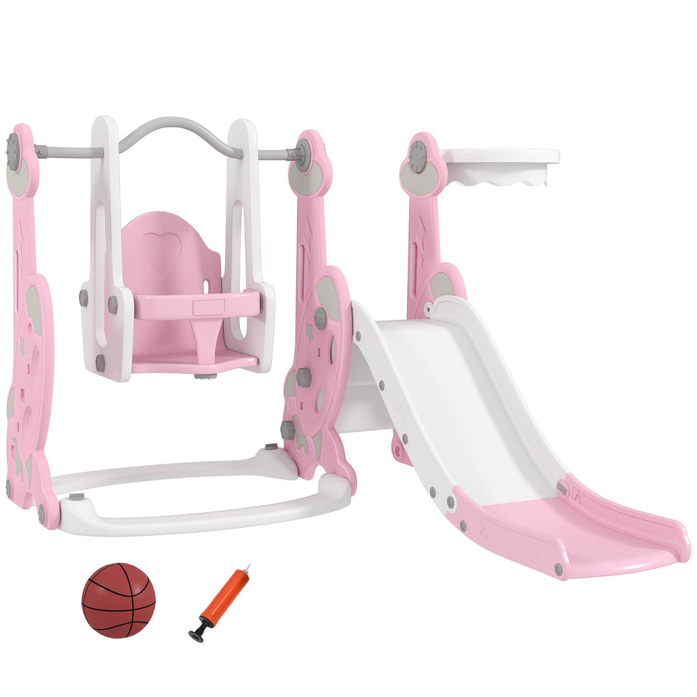 Aiyaplay tobogán infantil 4 en 1 parque infantil con columpio y tobogán escalador aro de baloncesto temática de cohete para interior rosa y blanco