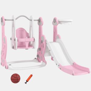 AIYAPLAY Escorrega Infantil 4 em 1 Parque Infantil com Baloiço e Escorrega Escalador Cesto de Basquetebol Temática de Foguete para Interior 147,5x160x107 cm Rosa