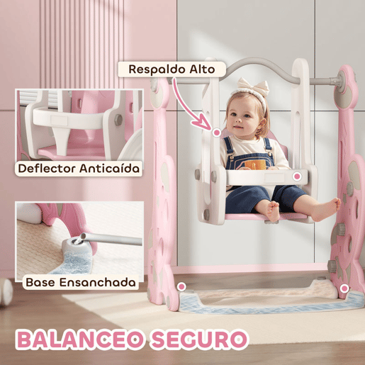 AIYAPLAY Escorrega Infantil 4 em 1 Parque Infantil com Baloiço e Escorrega Escalador Cesto de Basquetebol Temática de Foguete para Interior 147,5x160x107 cm Rosa