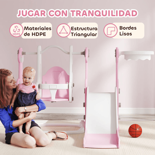 AIYAPLAY Escorrega Infantil 4 em 1 Parque Infantil com Baloiço e Escorrega Escalador Cesto de Basquetebol Temática de Foguete para Interior 147,5x160x107 cm Rosa