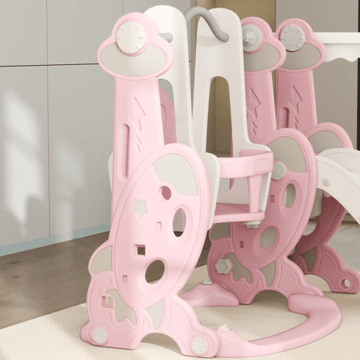 AIYAPLAY Escorrega Infantil 4 em 1 Parque Infantil com Baloiço e Escorrega Escalador Cesto de Basquetebol Temática de Foguete para Interior 147,5x160x107 cm Rosa