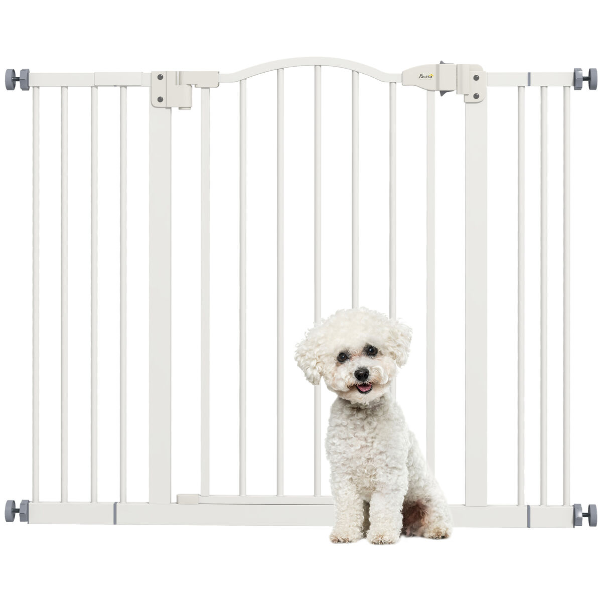 Pawhut barrera de seguridad para perros extensible 74-100 cm, para puertas y escaleras, barrera para perros con 2 extensiones 7/14 cm, montaje a presión y doble bloqueo, blanco