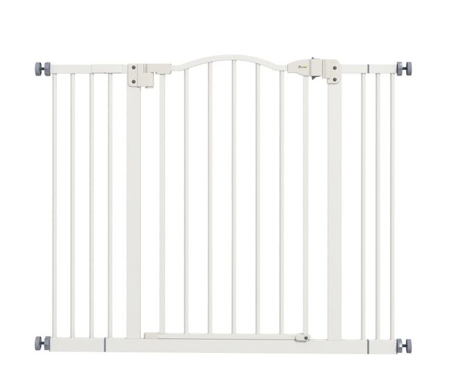 Pawhut barrera de seguridad para perros extensible 74-100 cm, para puertas y escaleras, barrera para perros medianos con 2 extensiones 7/14 cm, montaje a presión y doble bloqueo, blanco