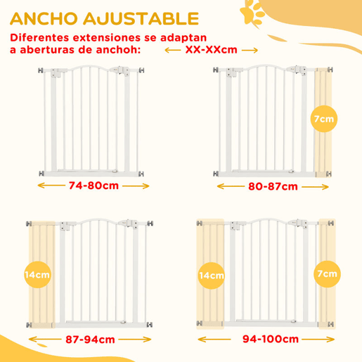 PawHut Barreira de Segurança Extensível para Cães 74-100 cm, Ideal para Portas e Escadas, Barreira para Cães de Médio Porte com 2 Extensões de 714 cm, Instalação por Pressão e Duplo Sistema de Bloqueio, Branco