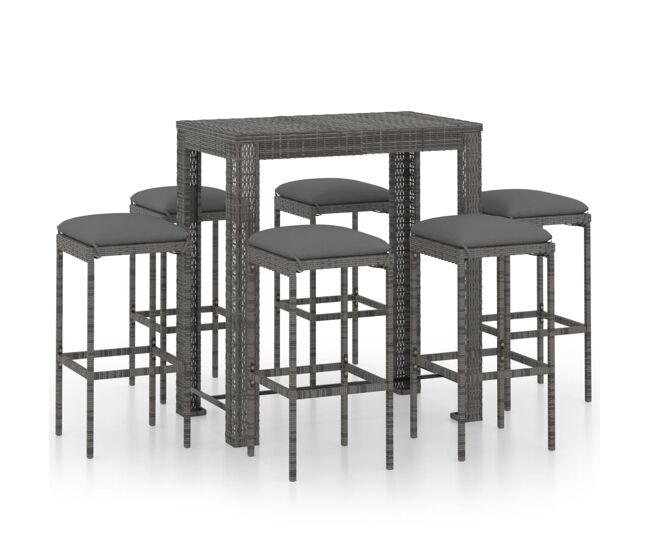 Set muebles bar jardín 7 piezas y cojines ratán sintético gris