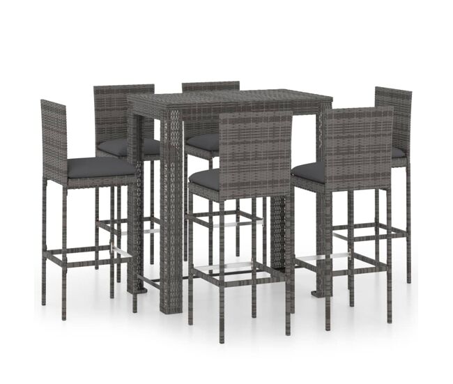 Conjunto de bar para jardín 7 pzas ratán sintético gris cojines