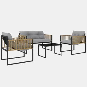 Outsunny Conjunto de Jardim de Vime Sintético de 4 Peças Móveis de Exterior Inclui Sofá de 2 Lugares 2 Poltronas 1 Mesa de Centro de Vidro com Almofadas Cinza e Madeira