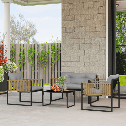Outsunny Conjunto de Jardim de Vime Sintético de 4 Peças Móveis de Exterior Inclui Sofá de 2 Lugares 2 Poltronas 1 Mesa de Centro de Vidro com Almofadas Cinza e Madeira