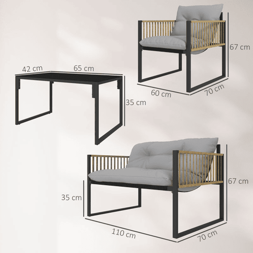 Outsunny Conjunto de Jardim de Vime Sintético de 4 Peças Móveis de Exterior Inclui Sofá de 2 Lugares 2 Poltronas 1 Mesa de Centro de Vidro com Almofadas Cinza e Madeira