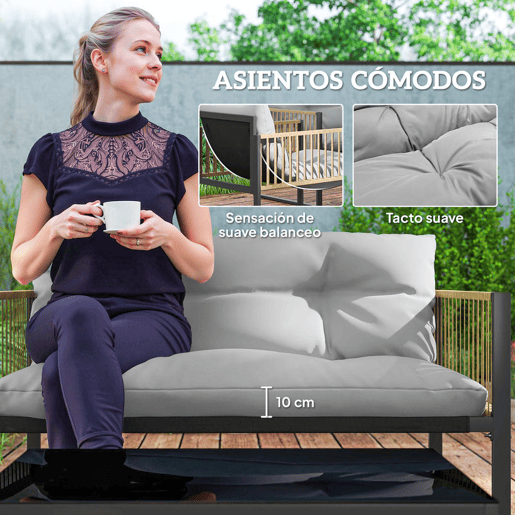 Outsunny Conjunto de Jardim de Vime Sintético de 4 Peças Móveis de Exterior Inclui Sofá de 2 Lugares 2 Poltronas 1 Mesa de Centro de Vidro com Almofadas Cinza e Madeira