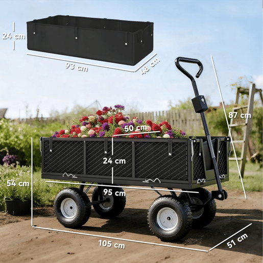 Outsunny Carrinho de Jardim com Rodas Grandes, Carga até 300 kg, Carrinho de Mão com Punho Ajustável e Bolsa Impermeável Removível, Transporte Todo-o-Terreno, Compras, Camping, Preto