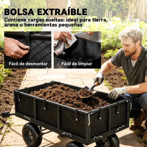 Outsunny Carrinho de Jardim com Rodas Grandes, Carga até 300 kg, Carrinho de Mão com Punho Ajustável e Bolsa Impermeável Removível, Transporte Todo-o-Terreno, Compras, Camping, Preto