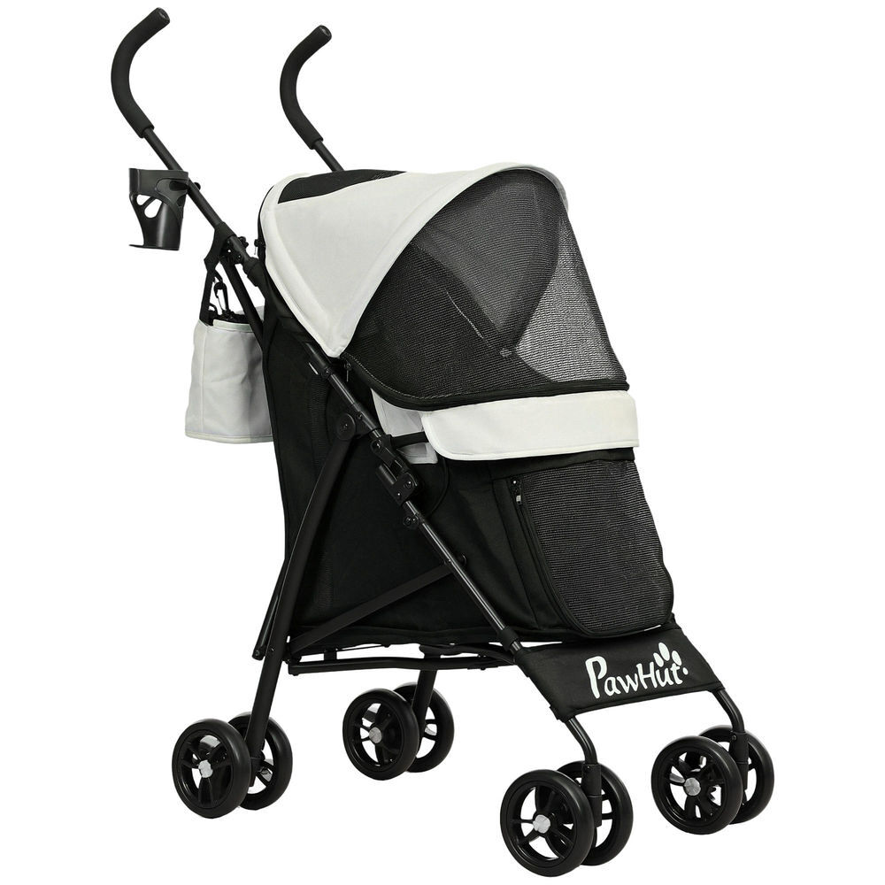 Pawhut cochecito para perros pequeños con estructura de paraguas carrito para perros plegable con cojín lavable portavaso ventanas de malla y bolsa de almacenamiento 76x44x103 cm crema