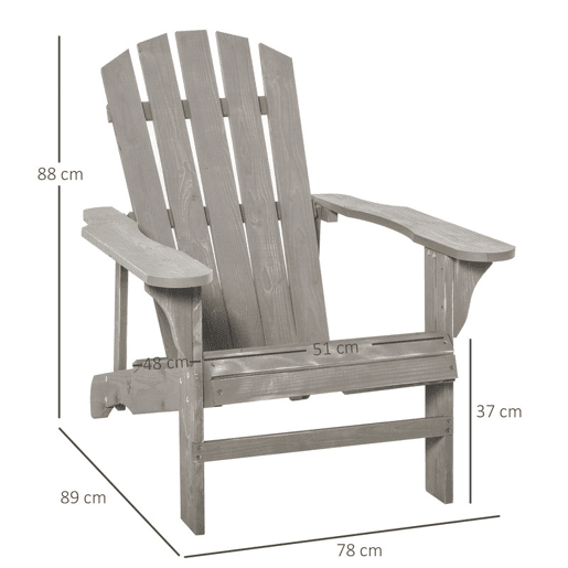 Outsunny Cadeira Adirondack de Madeira Cadeira Adirondack de Jardim com Assento Extra Largo Carga Máxima 150 kg para Pátio Varanda Exterior 78x89x88 cm Cinza