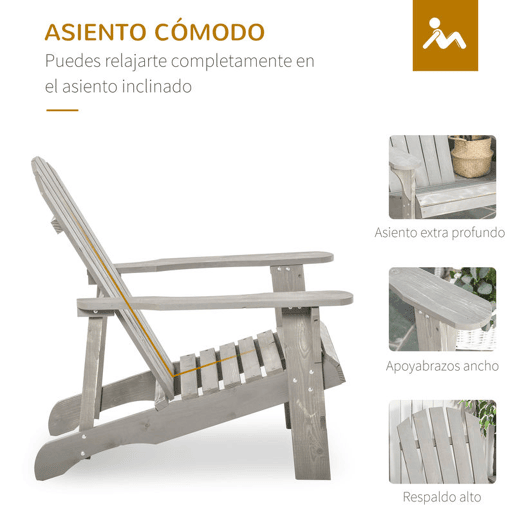 Outsunny Cadeira Adirondack de Madeira Cadeira Adirondack de Jardim com Assento Extra Largo Carga Máxima 150 kg para Pátio Varanda Exterior 78x89x88 cm Cinza