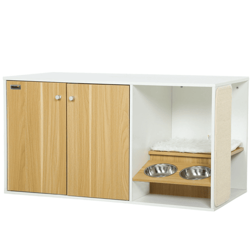 PawHut Móvel Caixa de Areia para Gatos 3 em 1 Mesa Auxiliar Caixa de Areia para Gatos com Portas Almofada Tigelas Tapete para Arranhar e Compartimento para Sala de Estar Quarto 95x48x50,5 cm Branco e Carvalho