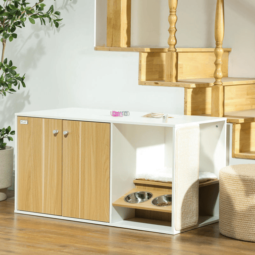 PawHut Móvel Caixa de Areia para Gatos 3 em 1 Mesa Auxiliar Caixa de Areia para Gatos com Portas Almofada Tigelas Tapete para Arranhar e Compartimento para Sala de Estar Quarto 95x48x50,5 cm Branco e Carvalho