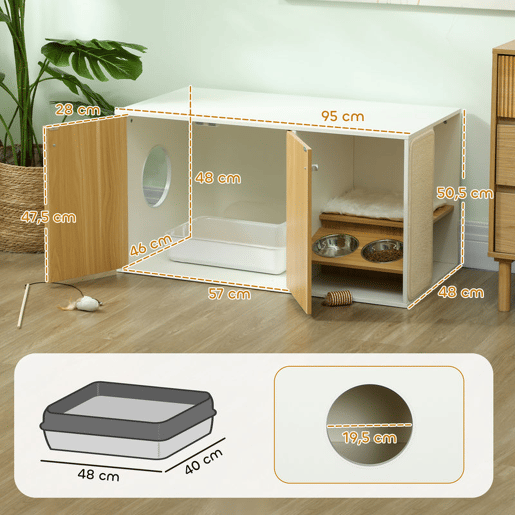 PawHut Móvel Caixa de Areia para Gatos 3 em 1 Mesa Auxiliar Caixa de Areia para Gatos com Portas Almofada Tigelas Tapete para Arranhar e Compartimento para Sala de Estar Quarto 95x48x50,5 cm Branco e Carvalho