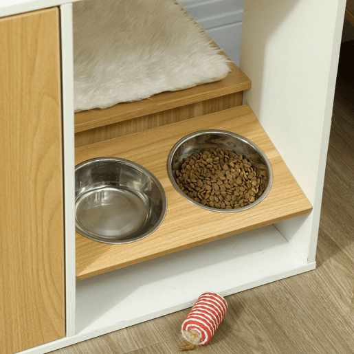 PawHut Móvel Caixa de Areia para Gatos 3 em 1 Mesa Auxiliar Caixa de Areia para Gatos com Portas Almofada Tigelas Tapete para Arranhar e Compartimento para Sala de Estar Quarto 95x48x50,5 cm Branco e Carvalho
