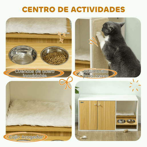 PawHut Móvel Caixa de Areia para Gatos 3 em 1 Mesa Auxiliar Caixa de Areia para Gatos com Portas Almofada Tigelas Tapete para Arranhar e Compartimento para Sala de Estar Quarto 95x48x50,5 cm Branco e Carvalho