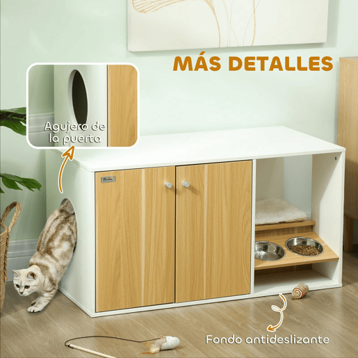 PawHut Móvel Caixa de Areia para Gatos 3 em 1 Mesa Auxiliar Caixa de Areia para Gatos com Portas Almofada Tigelas Tapete para Arranhar e Compartimento para Sala de Estar Quarto 95x48x50,5 cm Branco e Carvalho