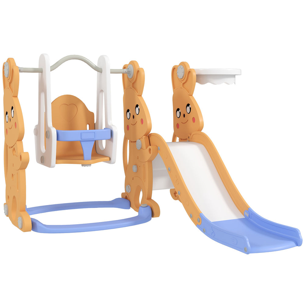 Aiyaplay tobogán infantil 4 en 1 columpio y tobogán trepador aro de baloncesto temática de conejo parque infantil para interior y exterior naranja
