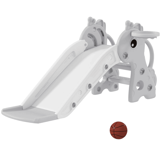 AIYAPLAY Escorrega Infantil 3 em 1 Escorrega para Crianças de 1 a 3 Anos com Escada Tabela de Basquetebol e Desenho de Girafa para Interior 106x51,5x52 cm Cinzento