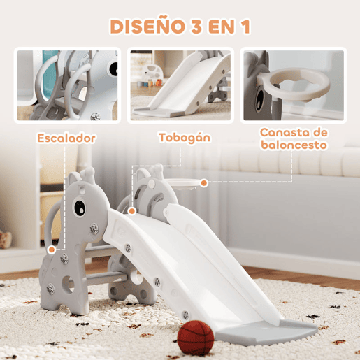 AIYAPLAY Escorrega Infantil 3 em 1 Escorrega para Crianças de 1 a 3 Anos com Escada Tabela de Basquetebol e Desenho de Girafa para Interior 106x51,5x52 cm Cinzento