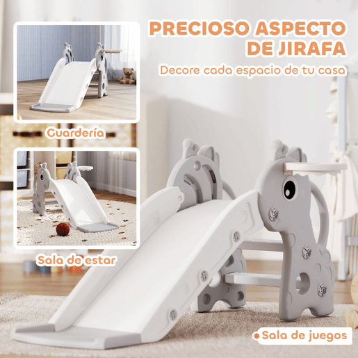 AIYAPLAY Escorrega Infantil 3 em 1 Escorrega para Crianças de 1 a 3 Anos com Escada Tabela de Basquetebol e Desenho de Girafa para Interior 106x51,5x52 cm Cinzento