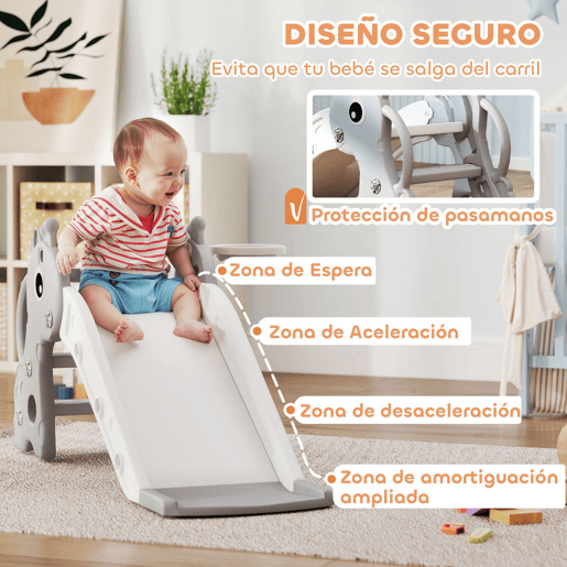 AIYAPLAY Escorrega Infantil 3 em 1 Escorrega para Crianças de 1 a 3 Anos com Escada Tabela de Basquetebol e Desenho de Girafa para Interior 106x51,5x52 cm Cinzento