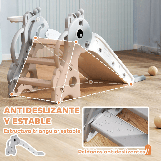 AIYAPLAY Escorrega Infantil 3 em 1 Escorrega para Crianças de 1 a 3 Anos com Escada Tabela de Basquetebol e Desenho de Girafa para Interior 106x51,5x52 cm Cinzento