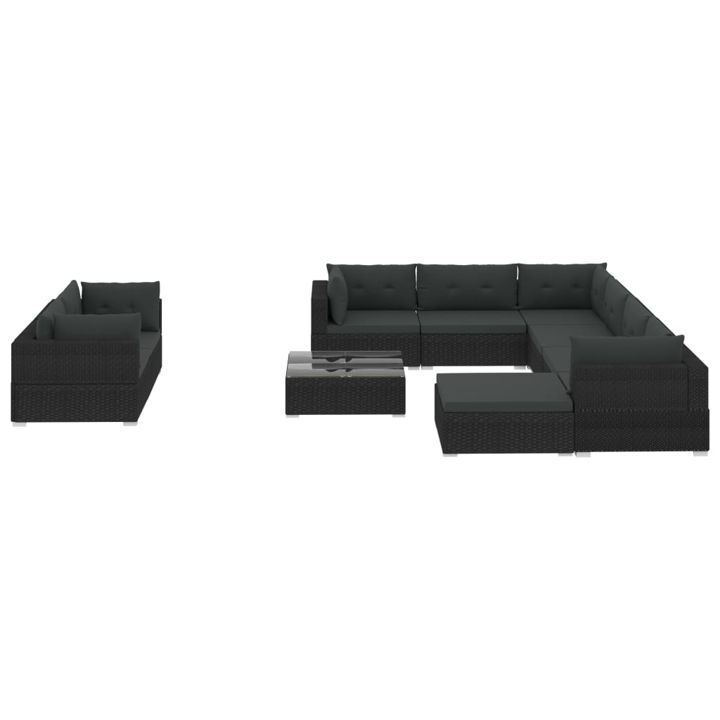 Set muebles de jardín 10 piezas y cojines ratán sintético negro