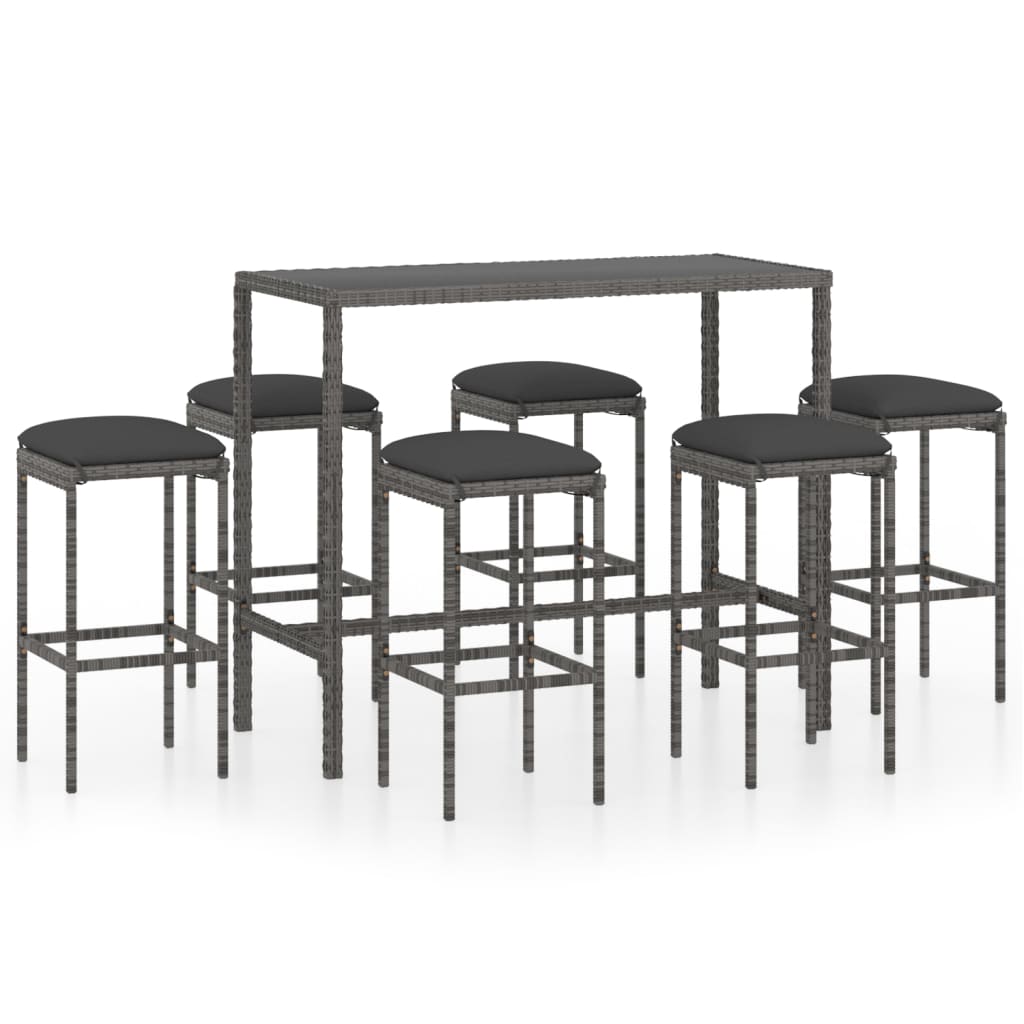 Set muebles bar jardín 7 piezas y cojines ratán sintético gris