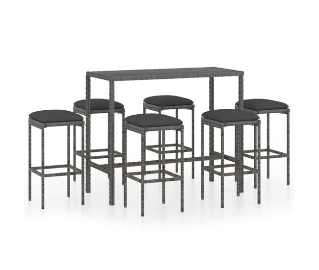 Set muebles bar jardín 7 piezas y cojines ratán sintético gris
