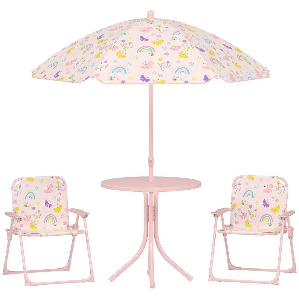 Aiyaplay conjunto de mesa y sillas infantil de jardín de 4 piezas mesa infantil con sillas plegables sombrilla ajustable diseño de arcoíris para patio pícnic rosa