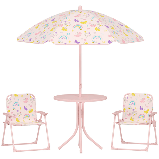 AIYAPLAY Conjunto de Mesa e Cadeiras para Crianças de Jardim Mesa Infantil com Cadeiras Dobráveis Chapéu de Sol Ajustável e Desenho de Borboletas para Pátio Piquenique Verde