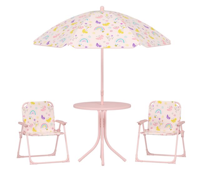 Aiyaplay conjunto de mesa y sillas infantil de jardín de 4 piezas mesa infantil con sillas plegables sombrilla ajustable diseño de arcoíris para patio pícnic rosa