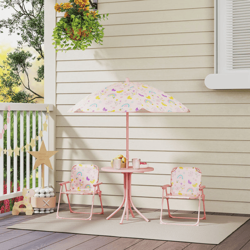 AIYAPLAY Conjunto de Mesa e Cadeiras para Crianças de Jardim Mesa Infantil com Cadeiras Dobráveis Chapéu de Sol Ajustável e Desenho de Borboletas para Pátio Piquenique Verde