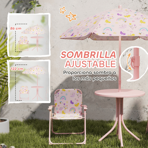 AIYAPLAY Conjunto de Mesa e Cadeiras para Crianças de Jardim Mesa Infantil com Cadeiras Dobráveis Chapéu de Sol Ajustável e Desenho de Borboletas para Pátio Piquenique Verde
