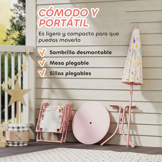 AIYAPLAY Conjunto de Mesa e Cadeiras para Crianças de Jardim Mesa Infantil com Cadeiras Dobráveis Chapéu de Sol Ajustável e Desenho de Borboletas para Pátio Piquenique Verde