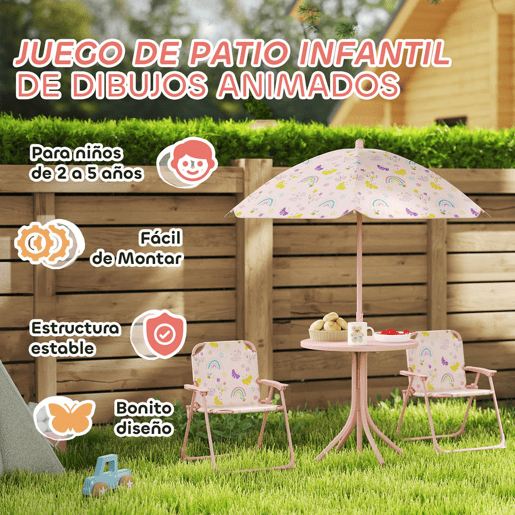 AIYAPLAY Conjunto de Mesa e Cadeiras para Crianças de Jardim Mesa Infantil com Cadeiras Dobráveis Chapéu de Sol Ajustável e Desenho de Borboletas para Pátio Piquenique Verde