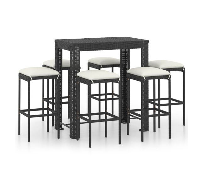 Set muebles bar jardín 7 piezas y cojines ratán sintético negro
